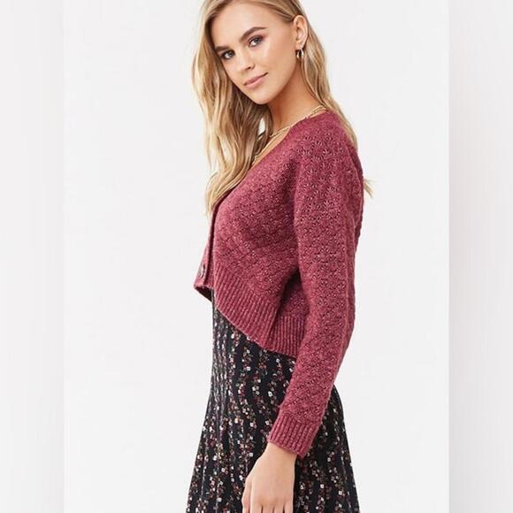 Forever 21 Berry Maroon Button Crop Cardigan- Size Small - Picture 6 of 7